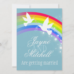 Invitation Deux colombes blanches arc-en-ciel mariage bleu gr