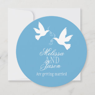 Invitation Deux colombes blanches ruban bleu ronde mariage in