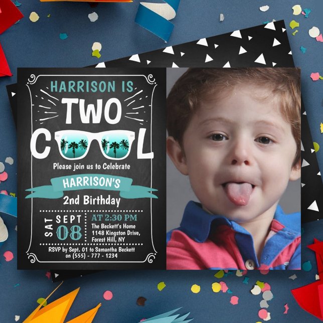 Invitation Deux Cool Boys Chalkboard Photo 2e anniversaire (Créateur téléchargé)