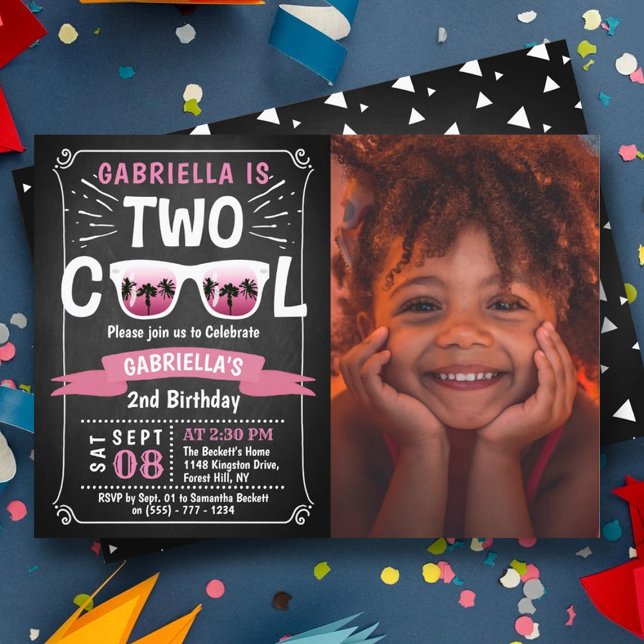 Invitation Deux Cool Chalkboard Girls Photo 2e anniversaire (Créateur téléchargé)