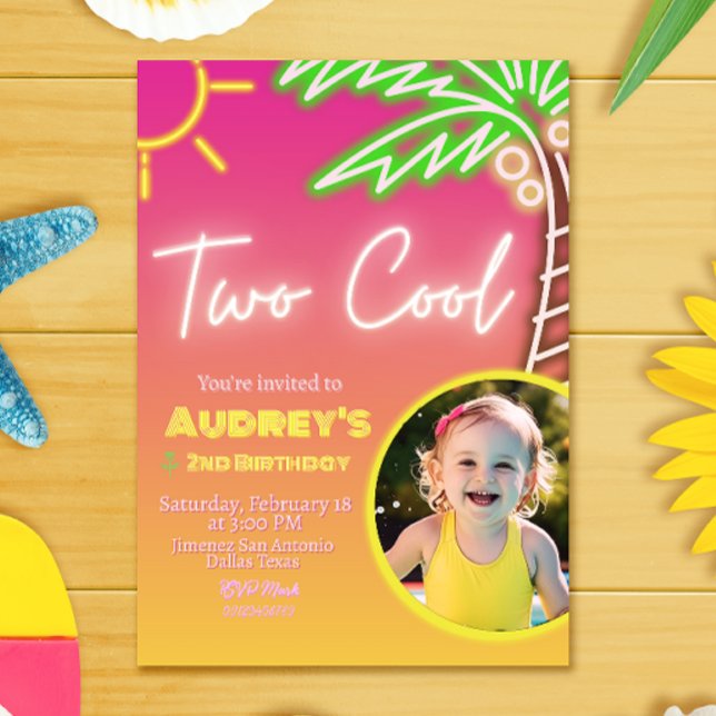 Invitation deux cool pour une fête au bord de la p (Two Cool Neon Pool Party Invitation with Photo)