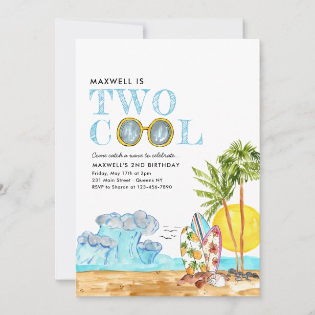 Invitation Deux Cool surf Waves Tropical Beach 2e anniversair (Devant)
