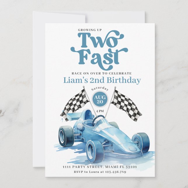 Invitation Deux course rapide Boy Blue Race Car fête d'annive (Devant)