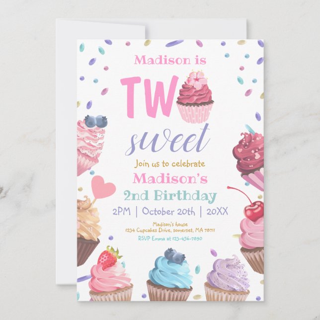 Invitation Deux Cupcake sucré 2e fête de bonbons d'anniversai (Devant)