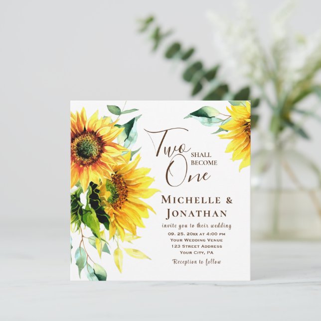 Invitation Deux deviendront un mariage chrétien tournesols (Debout devant)