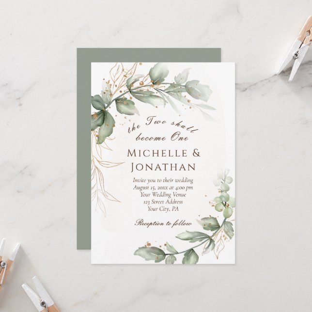 Invitation Deux deviennent un Mariage Floral de verdure (Devant/Arrière en situation)