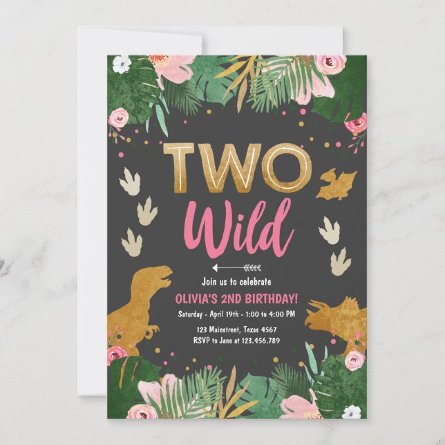 Invitation Deux Dino Fille Dino Rose Dinosaur Anniversaire (Devant)