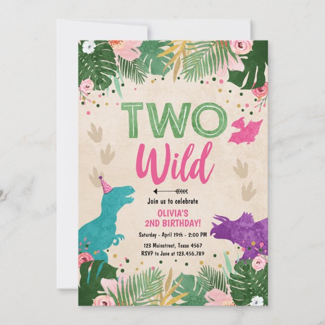 Invitation Deux Dino Fille Dinosaure Rose Fille Anniversaire (Devant)