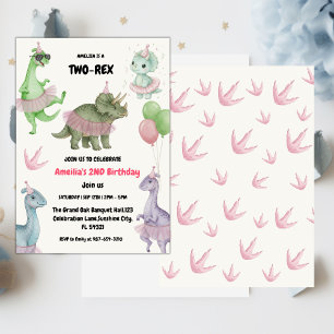 Invitation Deux dinosaures Rex Ready, fille Deuxième fête d'a