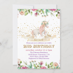 Invitation Deux douce licorne magique bébé fille 2e anniversa
