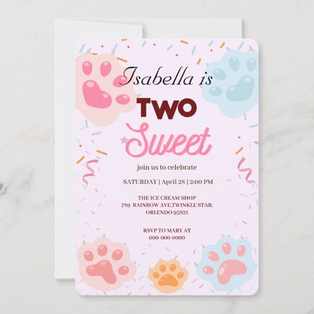 Invitation Deux douces chatte PAW et arroses 2e fille anniver (Devant)