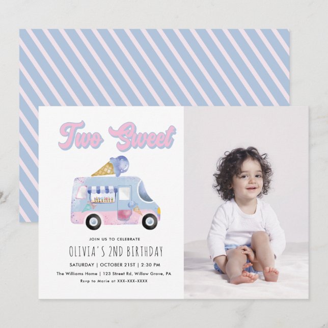 Invitation Deux doux 2e anniversaire de glace Cream Truck Inv (Devant / Derrière)
