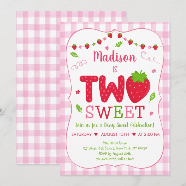 Invitation Deux doux fraises rose vert Anniversaire (Devant / Derrière)