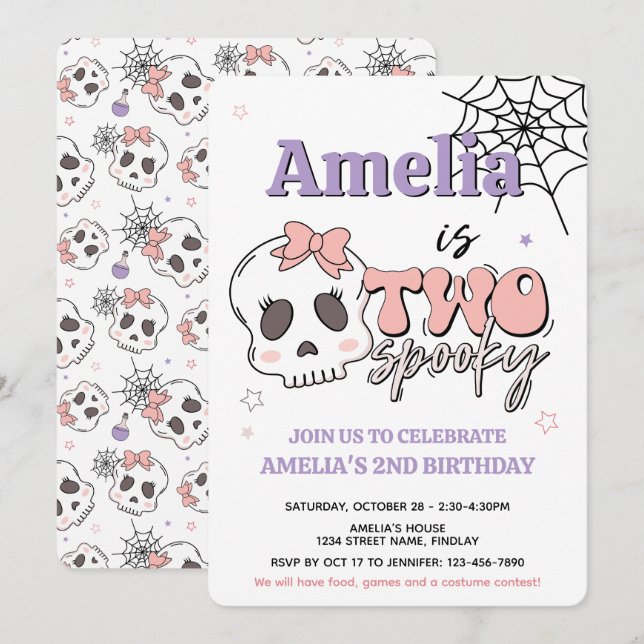 Invitation Deux Éffrayants Pink Halloween fête d'anniversaire (Devant / Derrière)