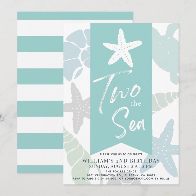 Invitation Deux étoiles de mer Turquoise 2e anniversaire (Devant / Derrière)