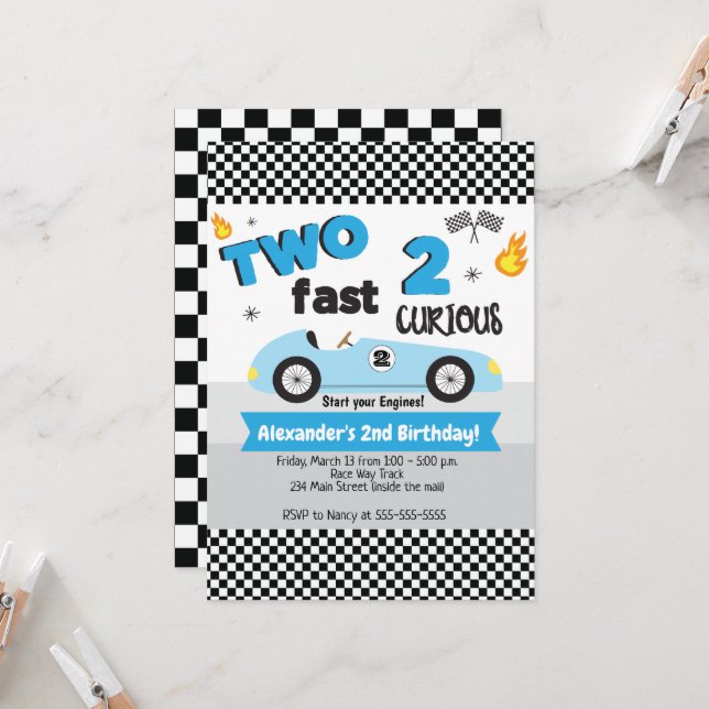 Invitation Deux Fast 2 Curieux Blue Racecar Boy Anniversaire (Devant/Arrière en situation)
