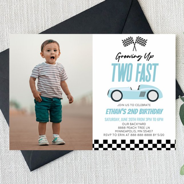 Invitation Deux Fast Blue Race Car 2e fête d'anniversaire (Créateur téléchargé)