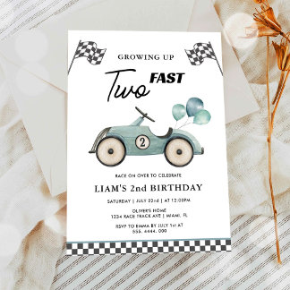 Invitation DEUX Fast Blue Race Car Boys 2e anniversaire