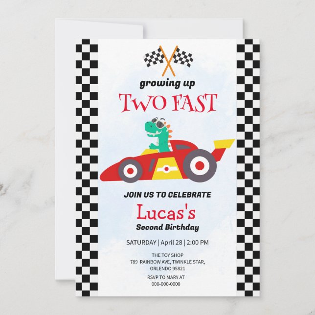 Invitation Deux Fast Dinosaur Race Car 2e fête d'anniversaire (Devant)