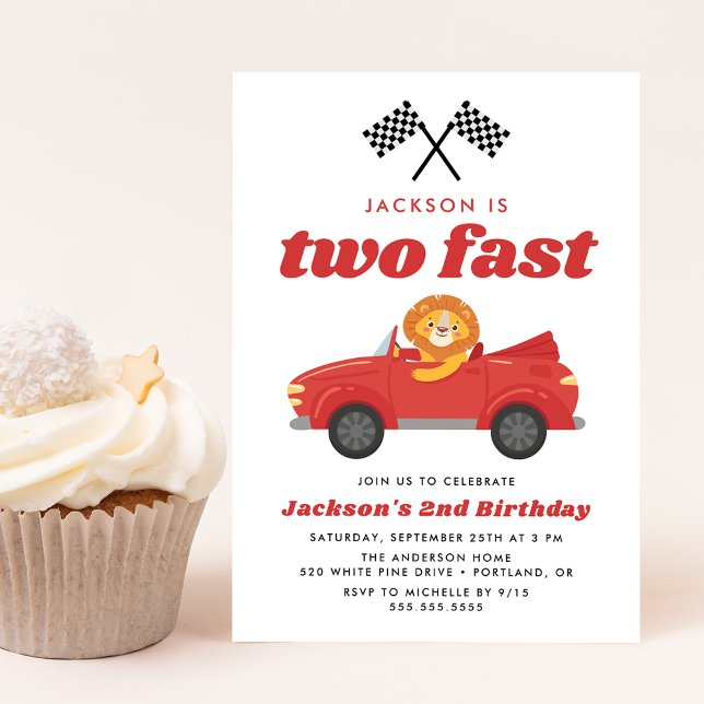 Invitation Deux Fast Lion Red Race Car Boy 2e anniversaire (Créateur téléchargé)