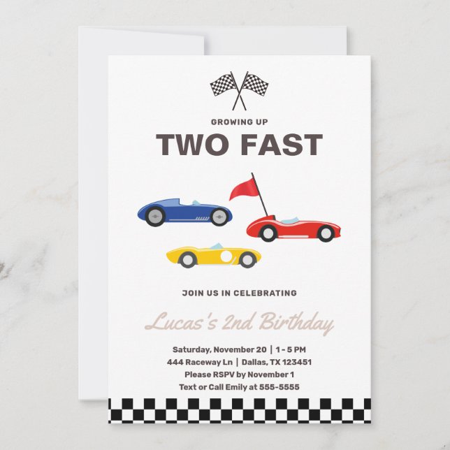 Invitation Deux Fast Race Car Boy 2e fête d'anniversaire (Devant)