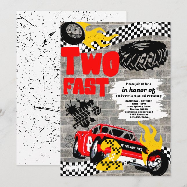 Invitation Deux Fast Race Car Boy 2e fête d'anniversaire (Devant / Derrière)