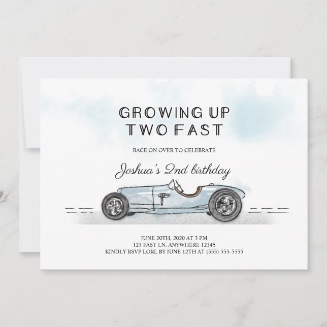 Invitation Deux Fast Race Car Boy 2e fête d'anniversaire (Devant)
