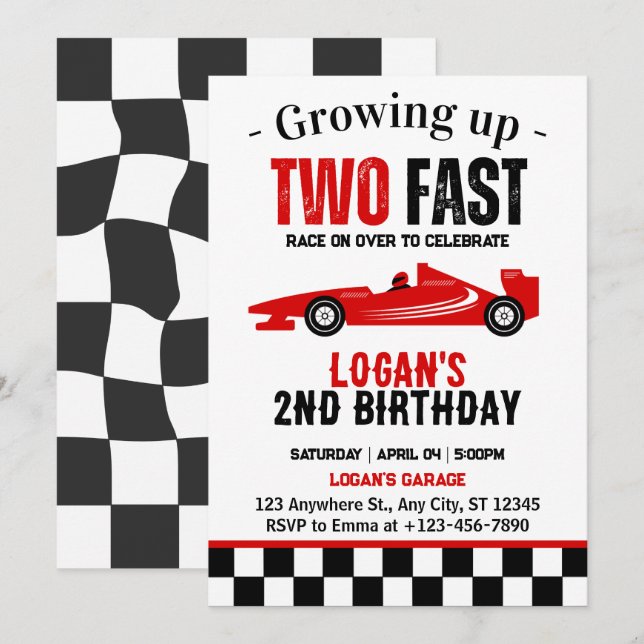Invitation Deux Fast Race Car Boy 2e fête d'anniversaire (Devant / Derrière)