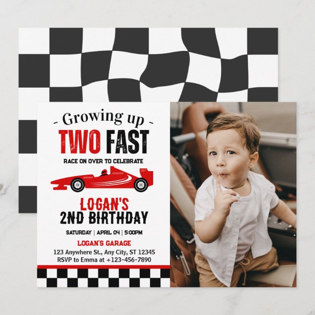 Invitation Deux Fast Race Car Boy 2nd Birthday Party Photo (Devant / Derrière)