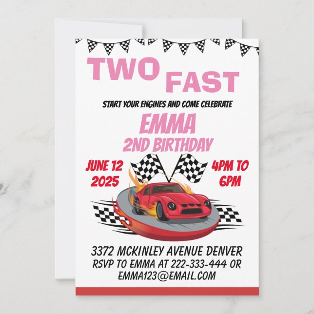 Invitation Deux Fast Race Car Girl 2e fête d'anniversaire (Devant)
