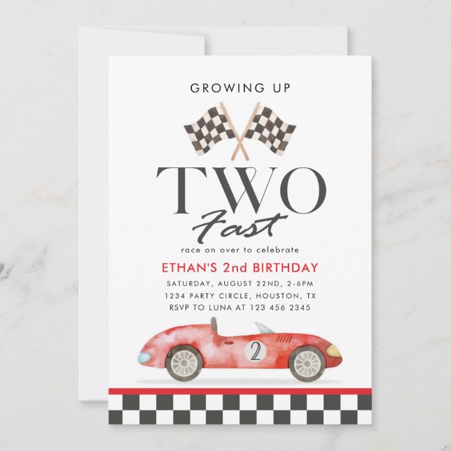 Invitation DEUX Fast Race rouge voiture 2e anniversaire garço (Devant)