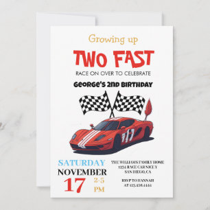 Invitation Deux Fast Red Race Car 2e fête d'anniversaire Blan