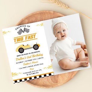 Invitation Deux Fast Yellow Race Car Boy 2e Anniversaire Phot