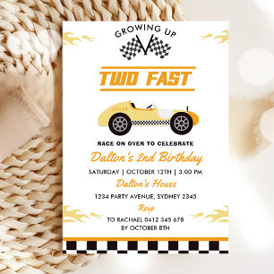 Invitation Deux Fast Yellow Race Car Boy 2e fête d'anniversai