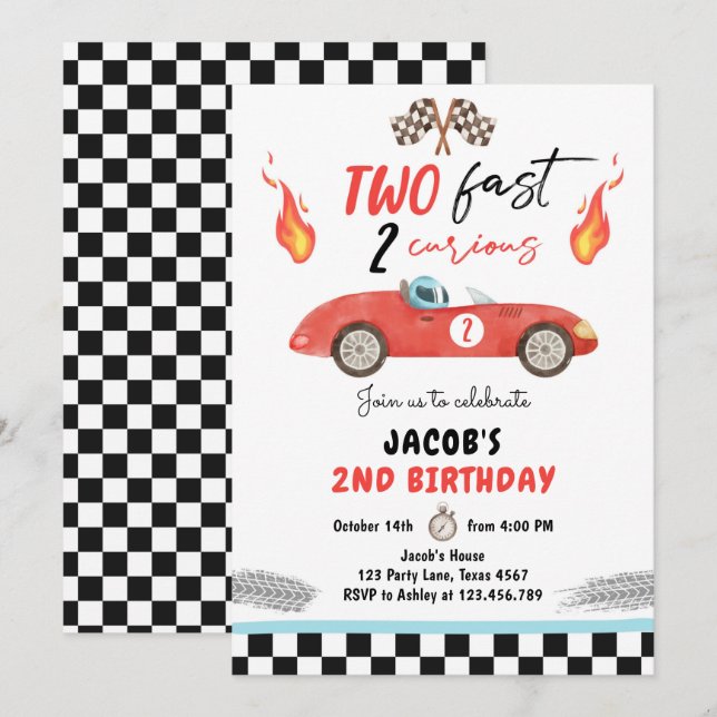 Invitation Deux fête d'anniversaire rapide Red Race Car 2e an (Devant / Derrière)