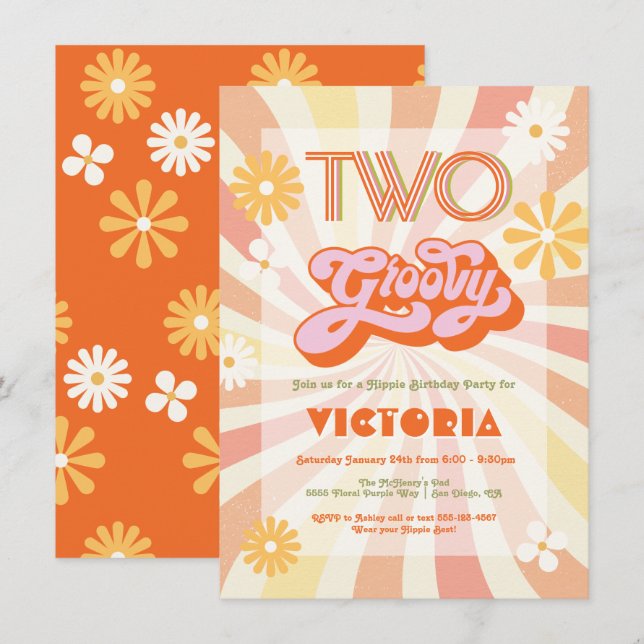 Invitation Deux fêtes d'anniversaire Super pour Hippie 70's 6 (Devant / Derrière)