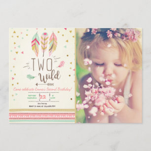 Invitation Deux Fille d'Anniversaire Rose Or 2ème Plumes de B