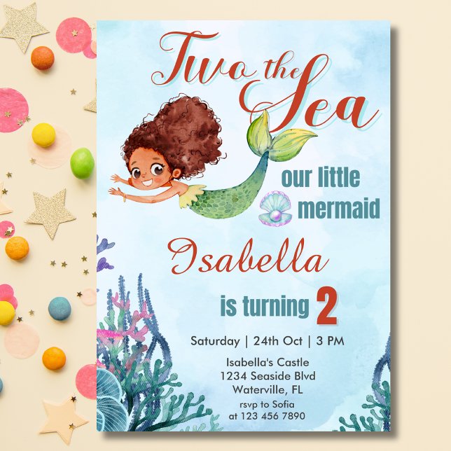 Invitation Deux filles de sirènes marron de mer 2e anniversai (Créateur téléchargé)