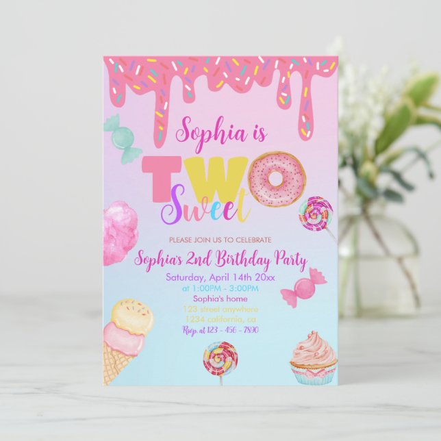 Invitation Deux filles douces Donut rose bonbon 2e anniversai (Debout devant)