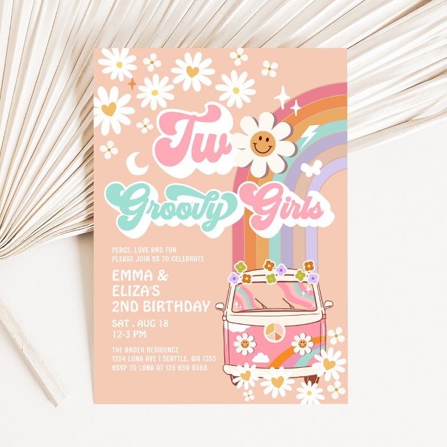 Invitation Deux filles Super Twin Daisy Rainbow Van Anniversa (Créateur téléchargé)
