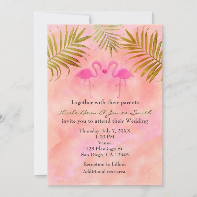 Invitation Deux Flamants roses roses Aquarelle mariage invita (Devant)