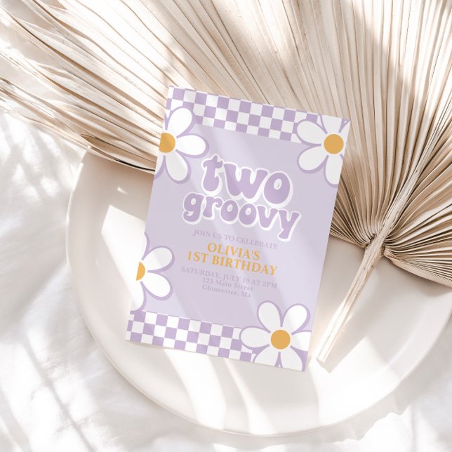 Invitation Deux Fleurs de Daisy Rétro Groovy Lilas (Créateur téléchargé)
