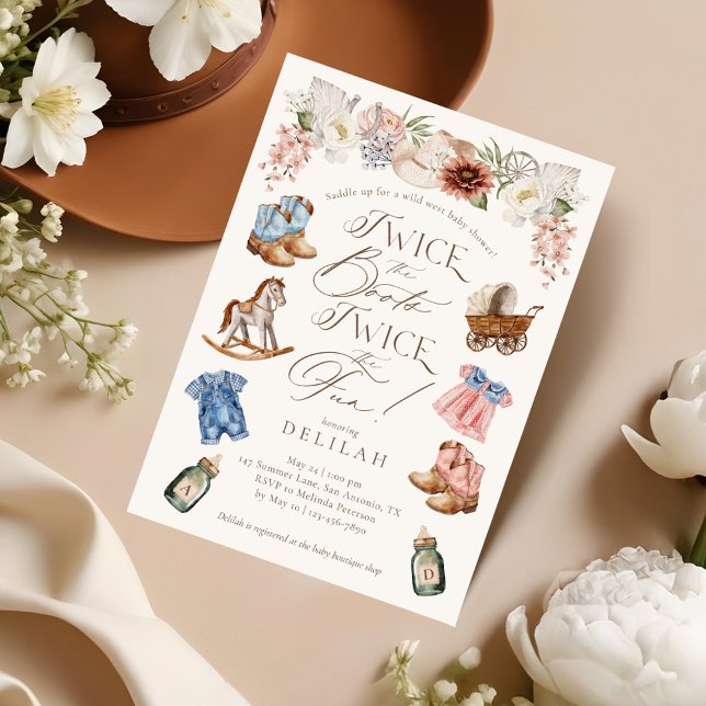Invitation Deux fois Boots Twin Girl Baby shower occidental (Twice the Boots Twin Girl Boy Western Baby Shower Invitation)