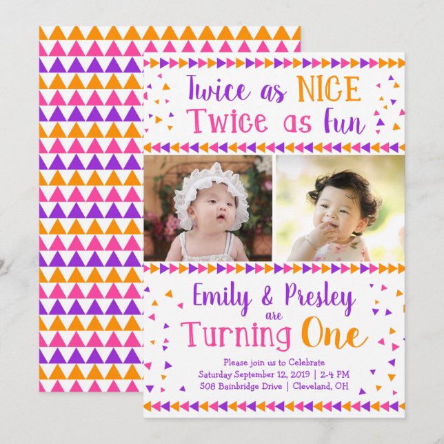 Invitation Deux fois comme Nice Twin Girls Premier anniversai (Devant / Derrière)