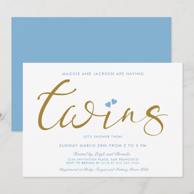 Invitation Deux fois le Baby shower Love Twin Boys (Devant / Derrière)
