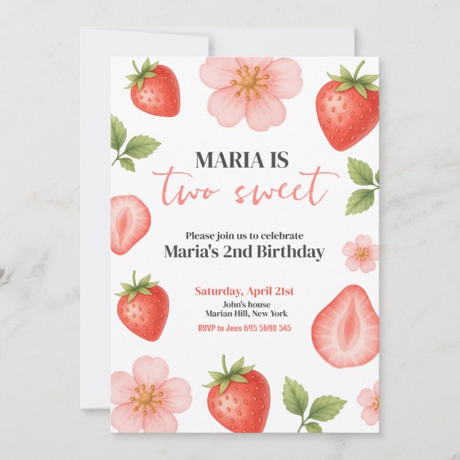 Invitation Deux fraises sucrées 2e fête d'anniversaire (Devant)