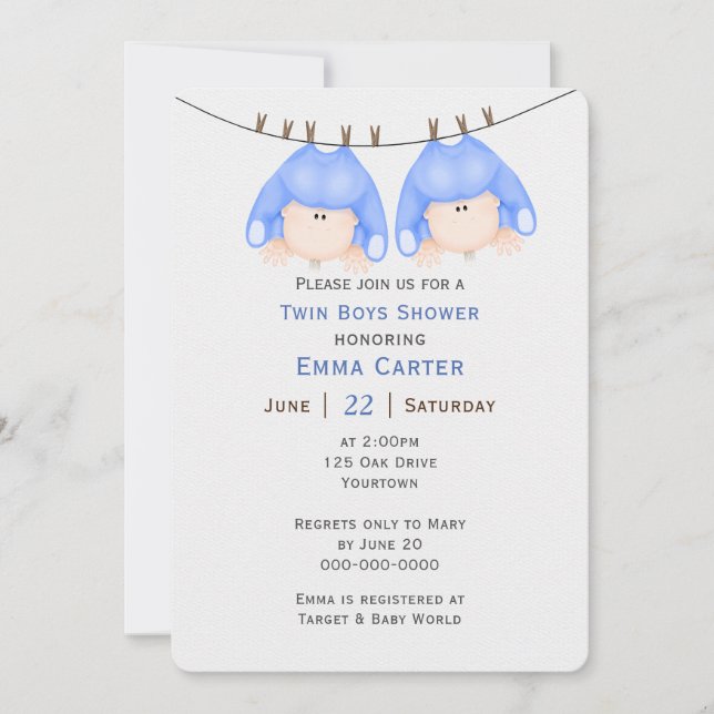 Invitation Deux Garçons Sur Baby shower Clothesline (Devant)