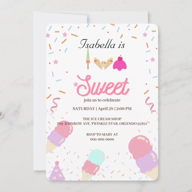 Invitation Deux glaces sucrées et saupoudrer 2e fille anniver (Devant)
