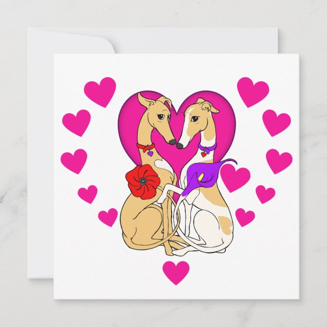 Invitation Deux Greyhounds Coeur et Fleurs Roses (Devant)