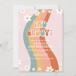 Invitation Deux Groovy Retro anniversaire 2 ans daisy arc-en-